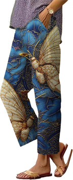 Straight Leg Pants for Women Vintage Japanese Style Print Pants Summer Dressy Baggy High Waist Dressy Loose Trousers