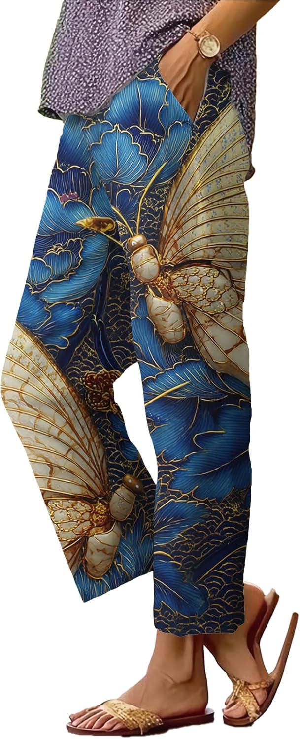 Straight Leg Pants for Women Vintage Japanese Style Print Pants Summer Dressy Baggy High Waist Dressy Loose Trousers
