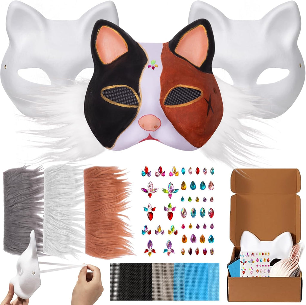 OPPKIE Cat Fox Mask 3PCS with Furs Eye Meshes and Gem Stickers, Therian Dress Up Masks to Paint, Animal Mask Arts Crafts Kit, Costume Masks for Halloween Masquerade Cosplay Party Interaction