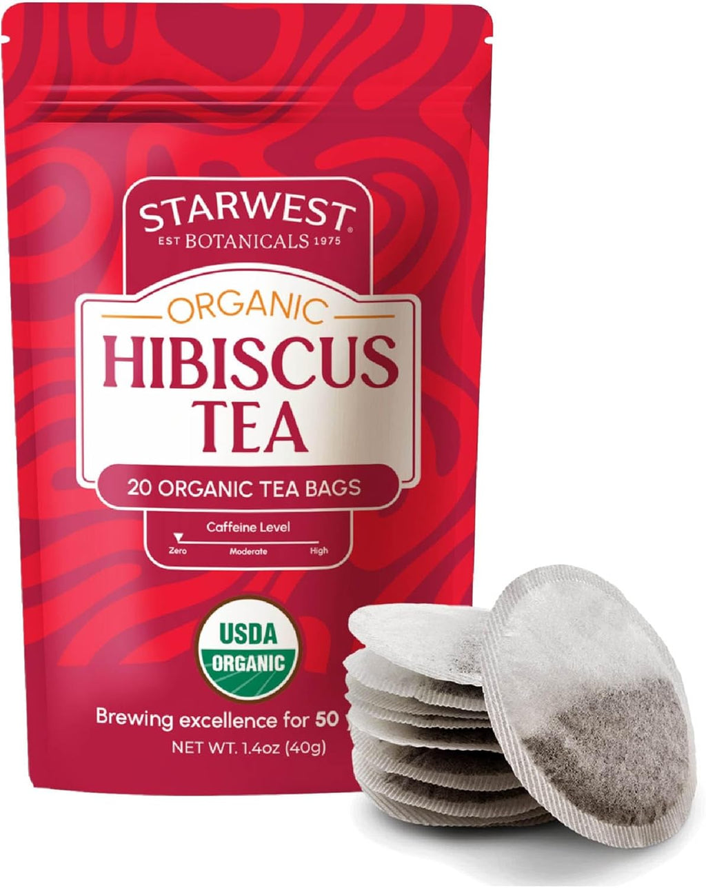 Starwest Botanicals Organic Hibiscus Tea - Caffeine Free Herbal Tea, Tea with Antioxidant Properties, String Free Sachets, USDA Organic Hibiscus Flower, Non GMO - 20 Tea Bags
