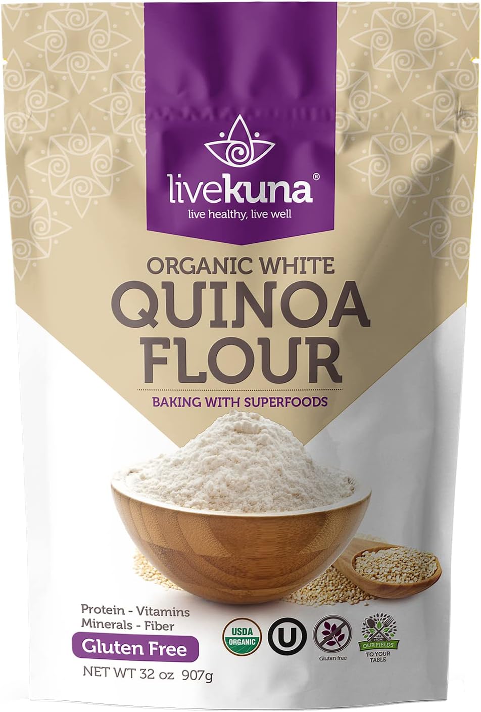 LiveKuna Organic Quinoa Flour - Gluten Free All Purpose Flour & Wheat Flour Alternative For Baking & Cooking Recipes - Vegan Quinoa Flour, Rich In Protein & Fiber for Keto & Paleo Diets, 32oz Bag