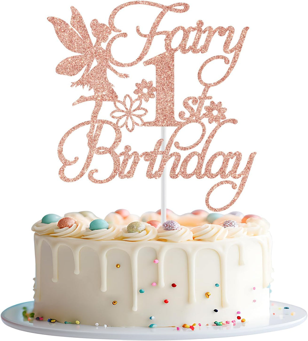Fairy 1st Birthday Cake Topper, Fairy First Birthday Decorations, Girls 1st Bday Cake Decor, Floral Fairy Baby Shower Bday Party Decorations, Rose Gold Glitter