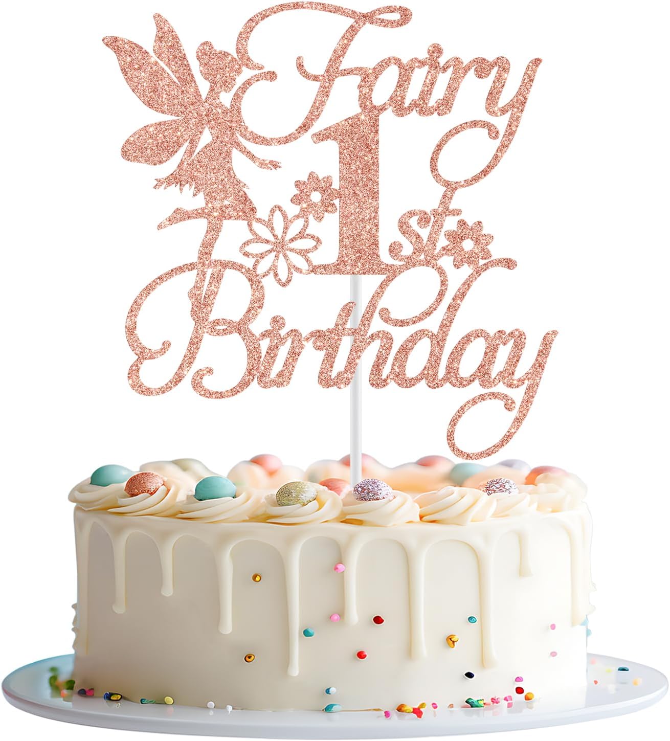 Fairy 1st Birthday Cake Topper, Fairy First Birthday Decorations, Girls 1st Bday Cake Decor, Floral Fairy Baby Shower Bday Party Decorations, Rose Gold Glitter