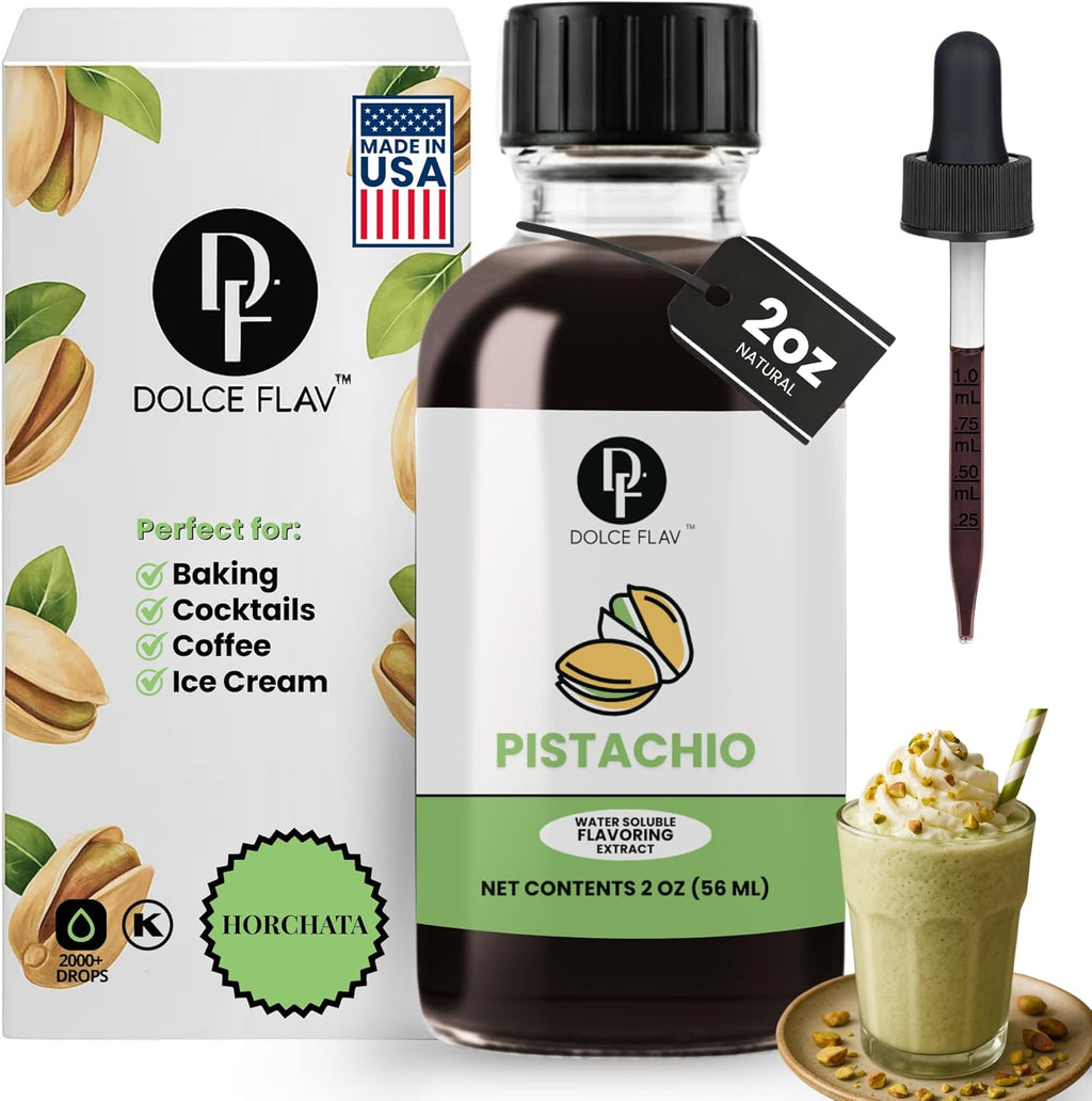 Dolce Flav Pistachio Extract – 2 Ounce Water-Soluble Kosher, Sugar-Free, Concentrated Nutty Pistachio Flavor for Baking, Ice Cream & Pastries, Includes Measured Dropper