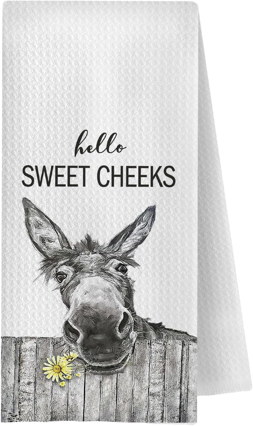 Funny Donkey Hand Towels - Hello Sweet Cheeks Donkey Waffle Decorative Bathroom Towels, Farmhouse Hand Tea Towels for Bathroom, 16x24 Inch