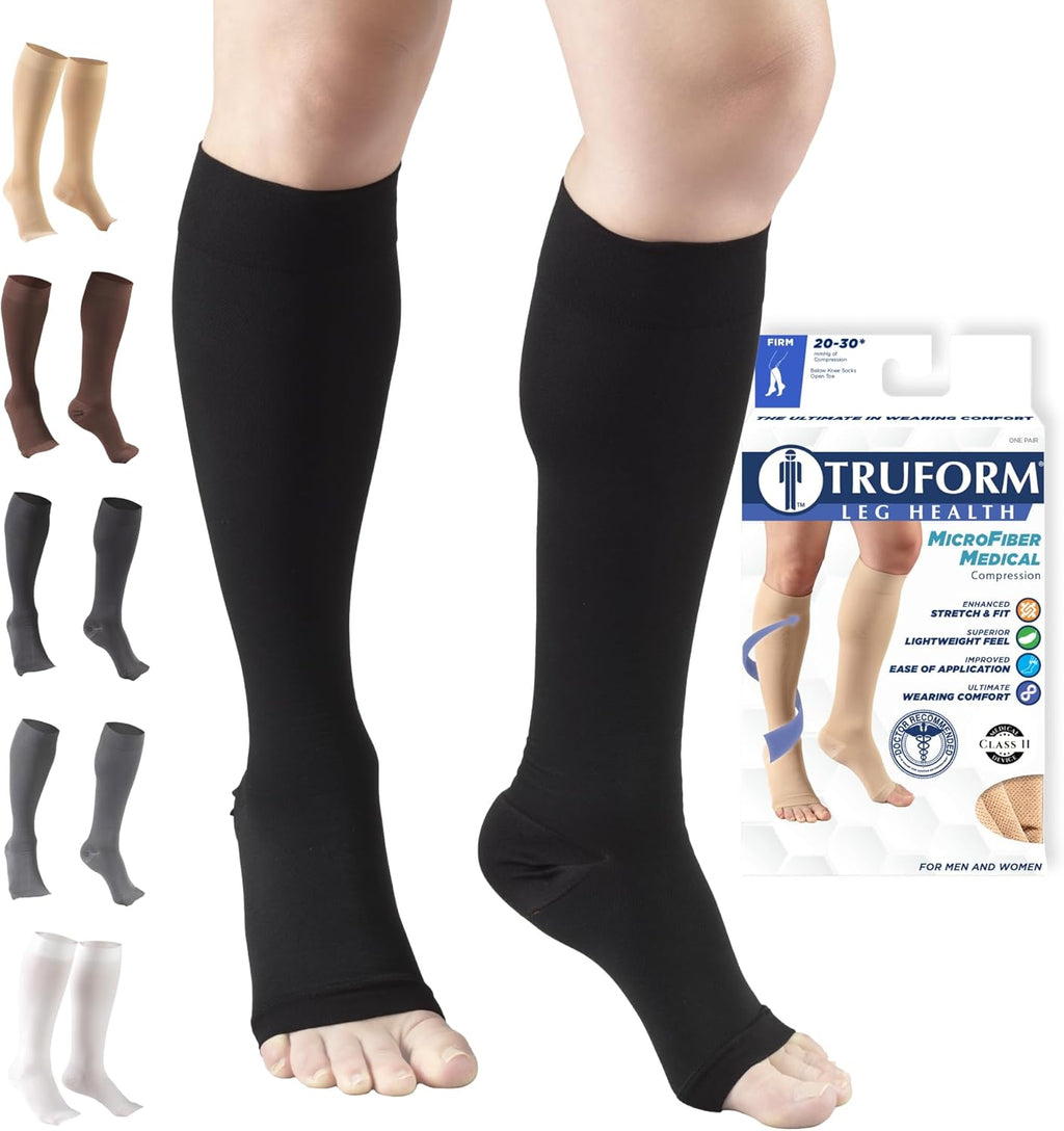 Truform 20-30 mmHg Compression Stocking for Men and Women, Knee High Length, Open Toe, Black, X-Large
