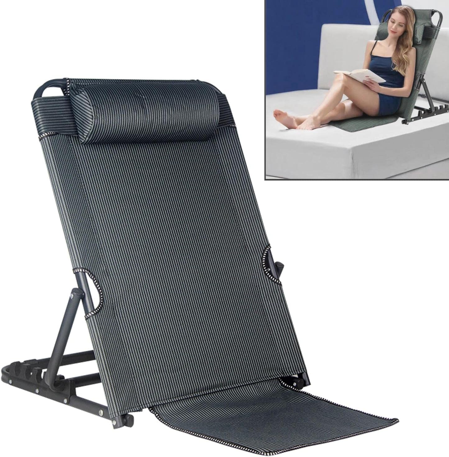 Adjustable Bed Backrest Large Size Bed Chair - Lifting Back Rest Support 8 Gears with Headrest Pillow for Reading, Queen Size Foldable Bed Frame Wedge for Elderly, Patient Sitting Up