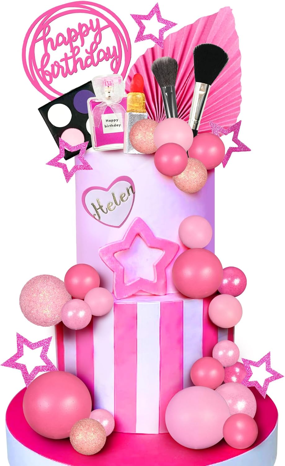 32 PCS Makeup Cake Topper Happy Birthday Cake Topper with Lipstick Eye Shadow Makeup Brush for Birthday (Hot pink)