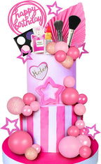 32 PCS Makeup Cake Topper Happy Birthday Cake Topper with Lipstick Eye Shadow Makeup Brush for Birthday (Hot pink)