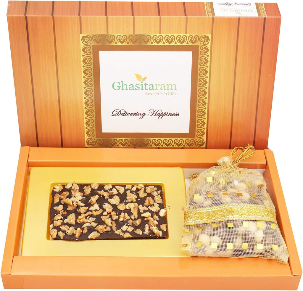 Ghasitaram Gifts Valentines Gift Valentines Day Chocolates for Girlfriend/Boyfriend/Husband and Wife Sugarfree Chocolate Walnut Sugarfree Chocolate Bark Small with Nutties