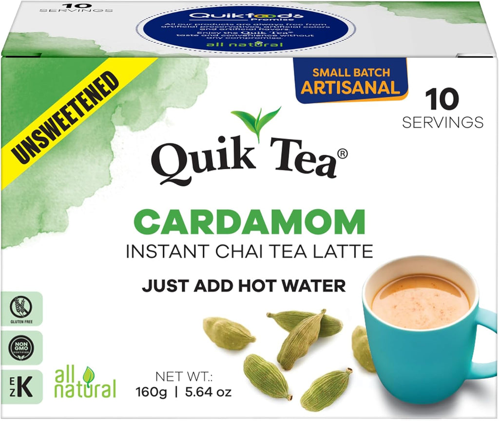 QuikTea Cardamom Unsweetened Chai Tea Latte – 10 Count, Bold Cardamom Flavor, Naturally Caffeine-Light, no preservatives, No Sugar Added – Just Add Hot Water