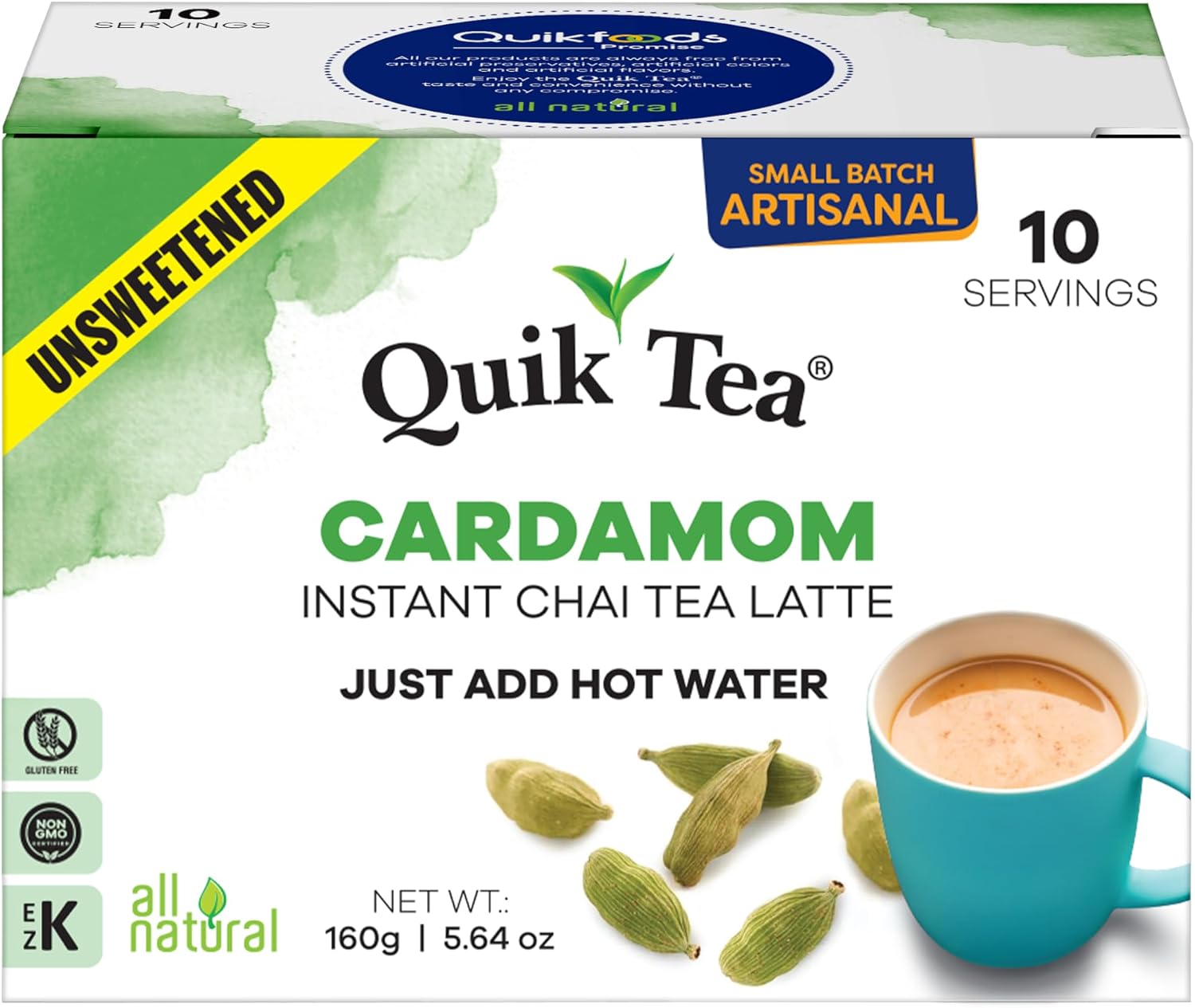QuikTea Cardamom Unsweetened Chai Tea Latte – 10 Count, Bold Cardamom Flavor, Naturally Caffeine-Light, no preservatives, No Sugar Added – Just Add Hot Water