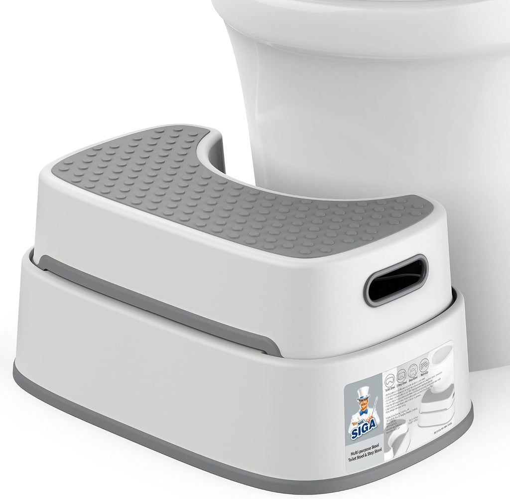 MR.SIGA Toilet Stool Squat Adult, Bathroom Stool Heavy Duty, Anti Slip Toilet Step for Bathroom, Toddler Step Stool for Kids, Off-White & Dark Gray