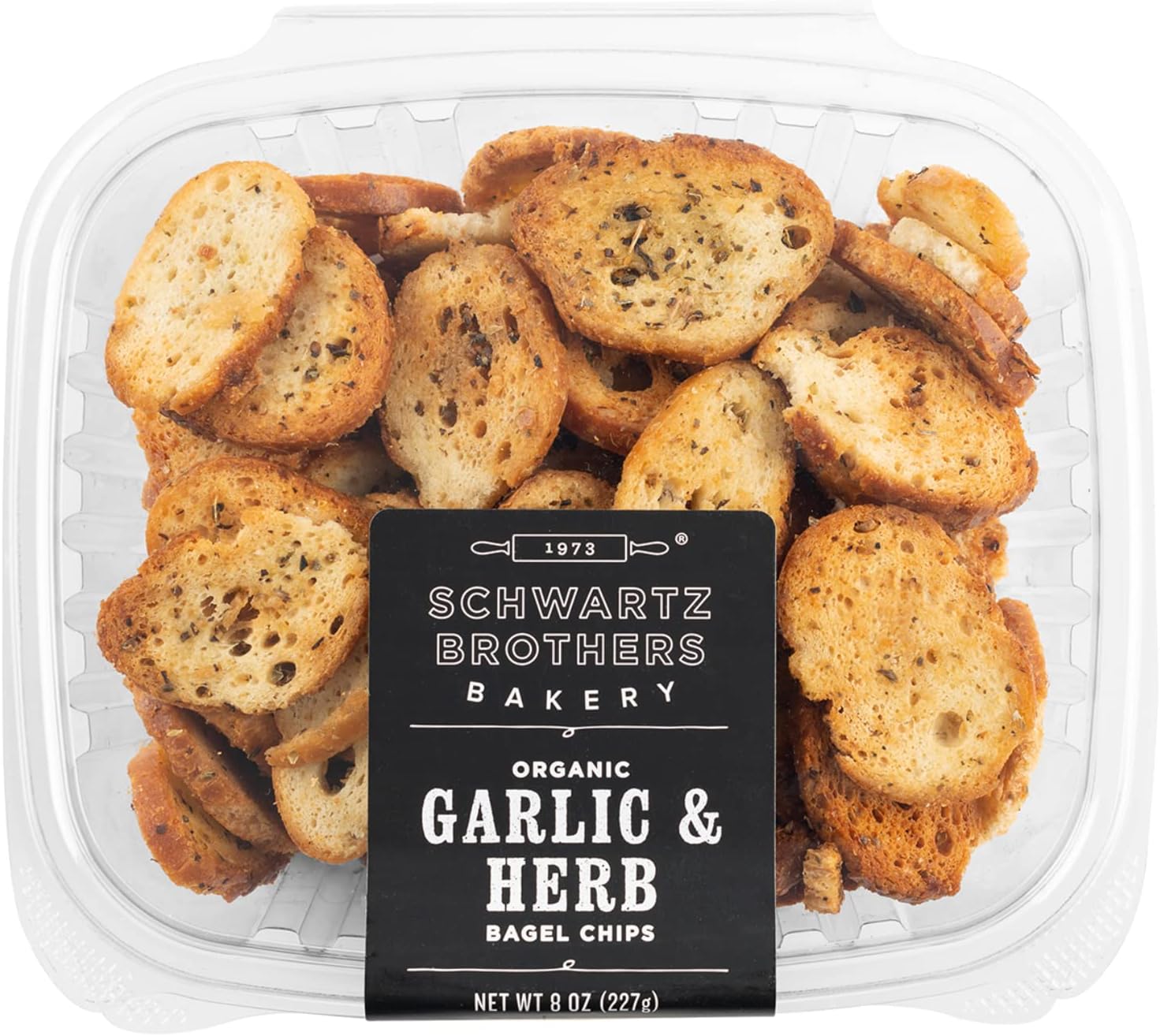 Garlic & Herb Bagel Chips NY Style Bagel Crisps. Organic, Vegan, Kosher. From the artisans of Schwartz Brothers Bakery. Baked Fresh. Twice Baked. 8 ounce container. Great Snack. Delicious. Pack of 4.