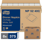 Tork White Soft Dinner Napkin, 1/4 Fold 2-ply, 16.3" x 15", 8 x 375 napkins, NP5240C