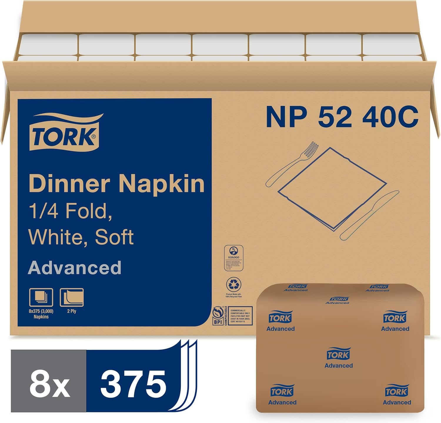 Tork White Soft Dinner Napkin, 1/4 Fold 2-ply, 16.3" x 15", 8 x 375 napkins, NP5240C