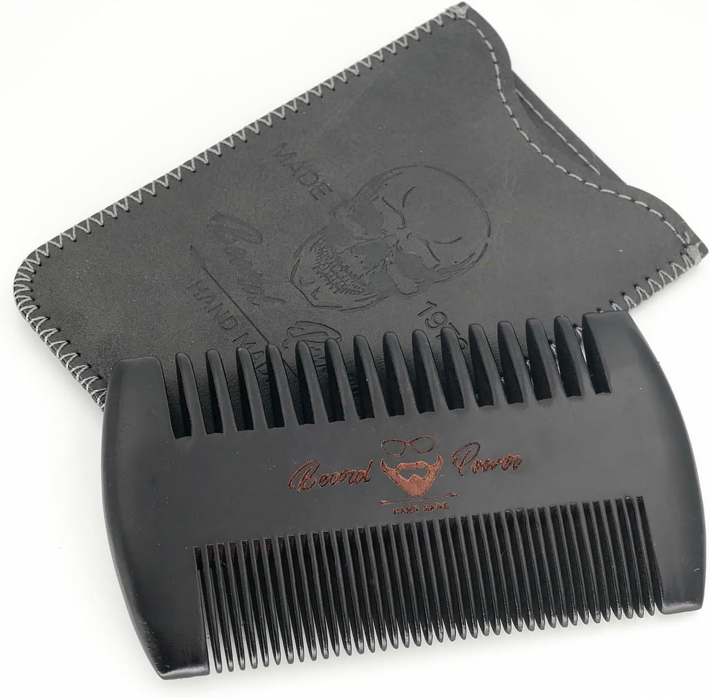 Black Wooden Beard Comb with Case for Men, Men's Wood Pocket Comb for Beards & Mustaches & Hair, Black Skull Design