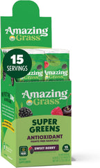 Amazing Grass Super Greens Powder Antioxidant Stick Packs, Greens Blend with Spirulina, Beet Root Powder, Elderberry, Prebiotics & Probiotics, Sweet Berry, 15 Servings, 3.7 Ounce (Packaging May Vary)