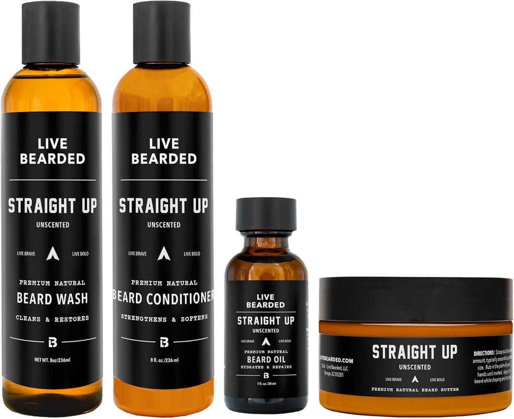 Live Bearded Complete Beard Grooming Kit - Wash, Conditioner, Butter and Oil - Made in the USA with All-Natural Ingredients - Mens Groom Set | Straight Up Unscented - Fragrance-Free