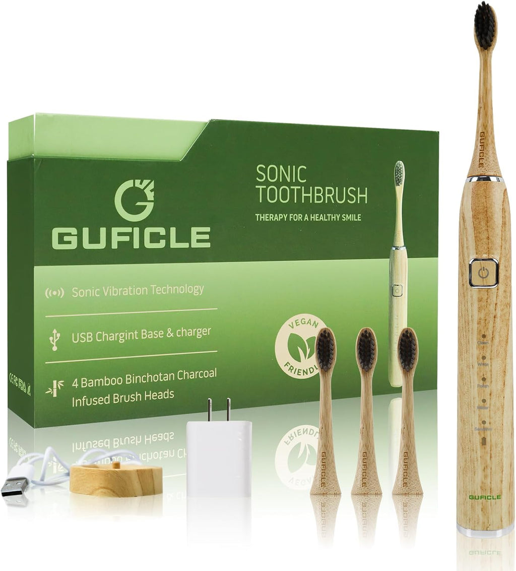 Bamboo Electric Toothbrush, Sonic Electric Bamboo Toothbrush for Adults, IPX7 Waterproof Rechargeable Toothbrush, 5 Cleaning Modes, 4 Bamboo Brush Heads Soft Bristle