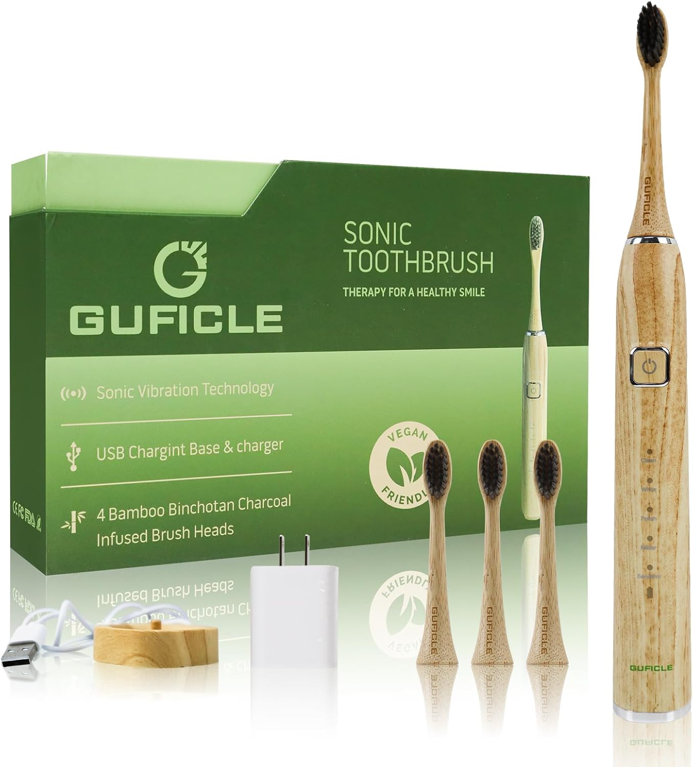 Bamboo Electric Toothbrush, Sonic Electric Bamboo Toothbrush for Adults, IPX7 Waterproof Rechargeable Toothbrush, 5 Cleaning Modes, 4 Bamboo Brush Heads Soft Bristle