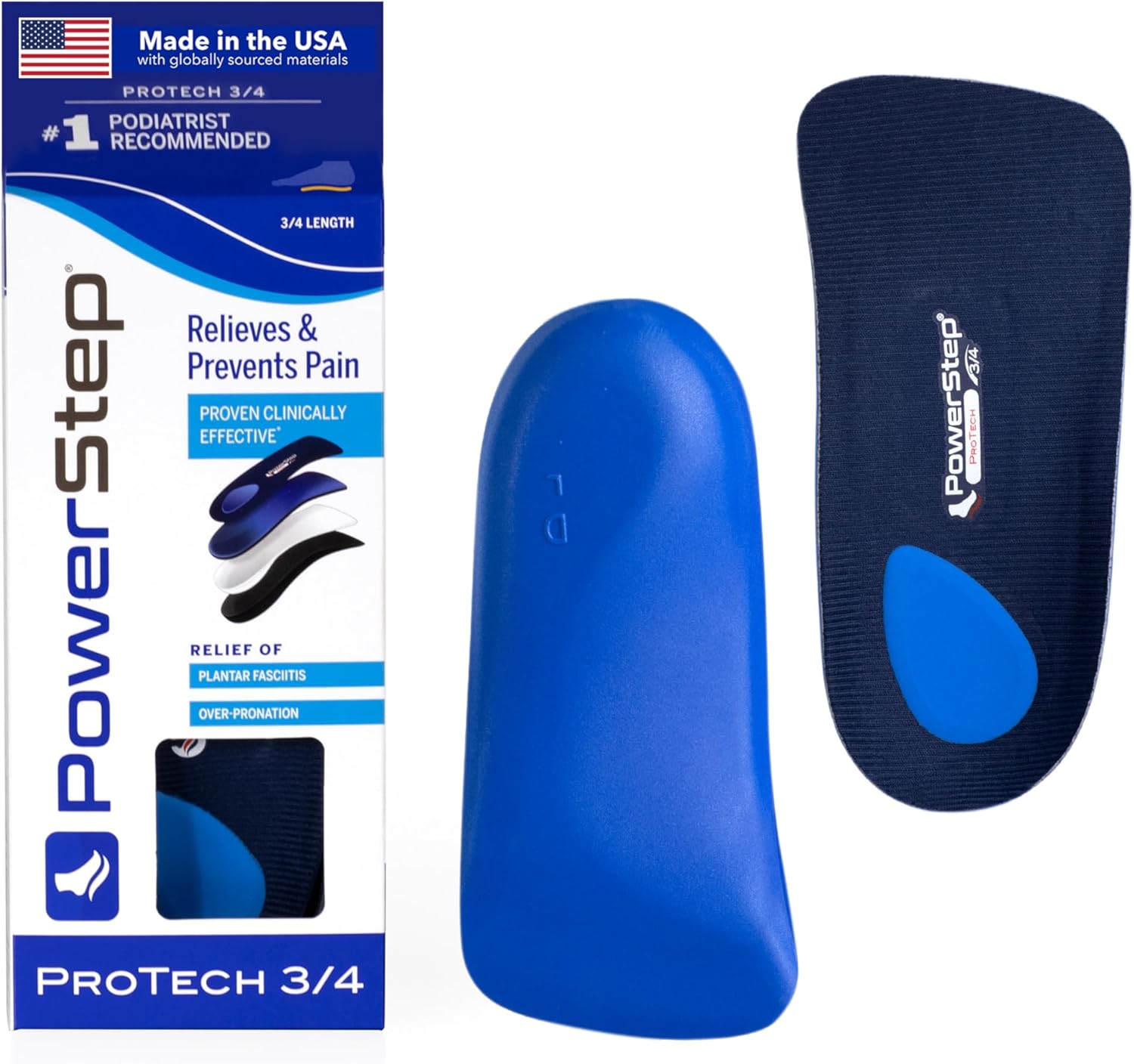PowerStep ProTech 3/4 Orthotic Insoles - Medical Grade Arch Support Inserts for Plantar Fasciitis Relief- Made in USA - Maximum Cushioning + ShockAbsorb Orthotics (M 4-4.5 W 6-6.5)
