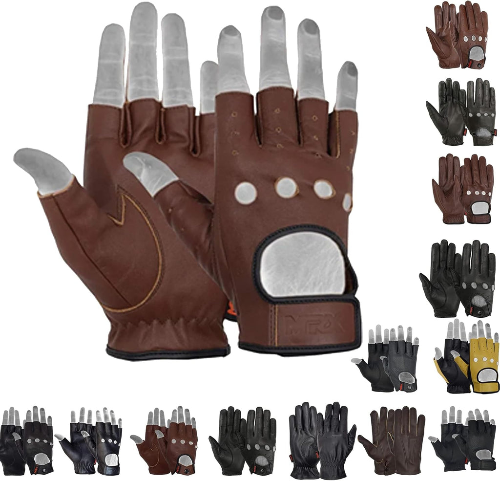 MRX BOXING & FITNESS Mens Driving Gloves Basic Soft Goat Leather Fingerless Breathable Biker Motorcycle Cycling Shooting