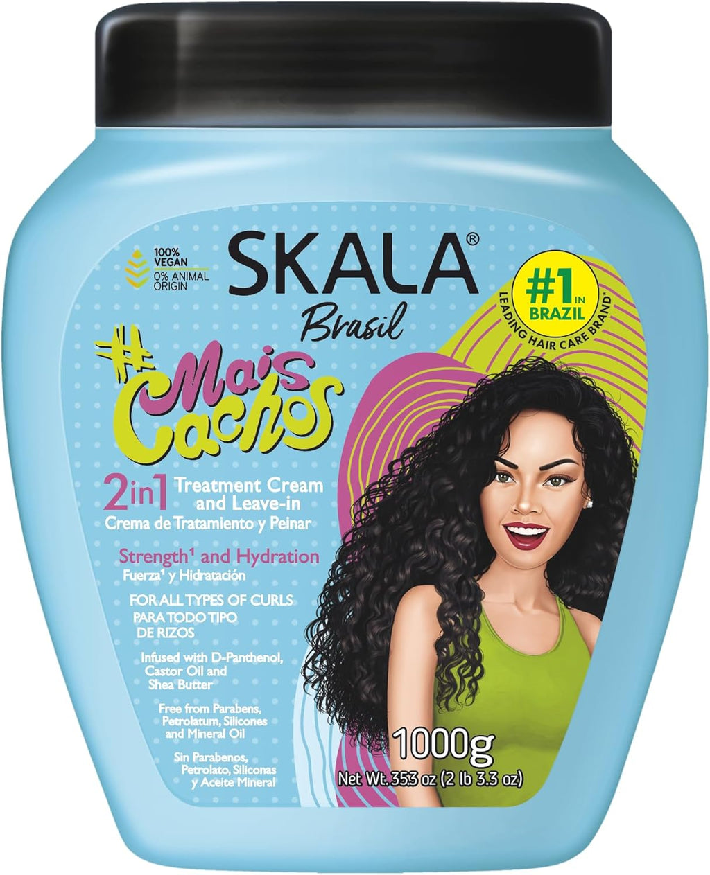 SKALA Expert Mais Cachos 2 in 1 Treatment Cream & Leave In Conditioner for Curly Hair, Vegan Hair Mask, Shea Butter & Castor Oil, Deep Hydration Mask, Softening & Smoothing, Anti Frizz Formula, 1000g