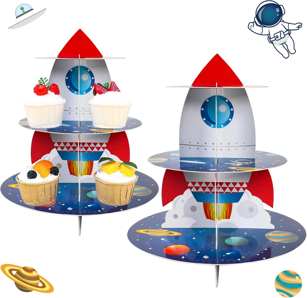 2Pcs Space Cupcake Stand - 3 Tier Outer Space Rocket Theme Birthday Party Decorations Cardboard Cake Holder Dessert Tower for Boys Kids Galaxy Solar System Baby Shower Party Supplies Favors