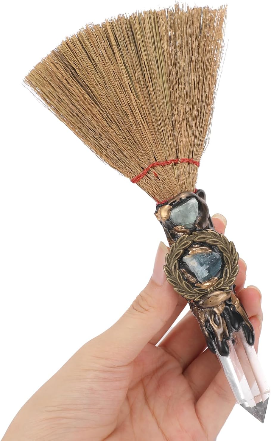 RENEMEGO Witch Crystal Altar Broom - Natural Crystal Magic Broom for Wiccan Décor Halloween Costume Handmade 8 Inches Mini Witches Broomstick with White Crystal Stone for Cleansing Healing Feng Shui