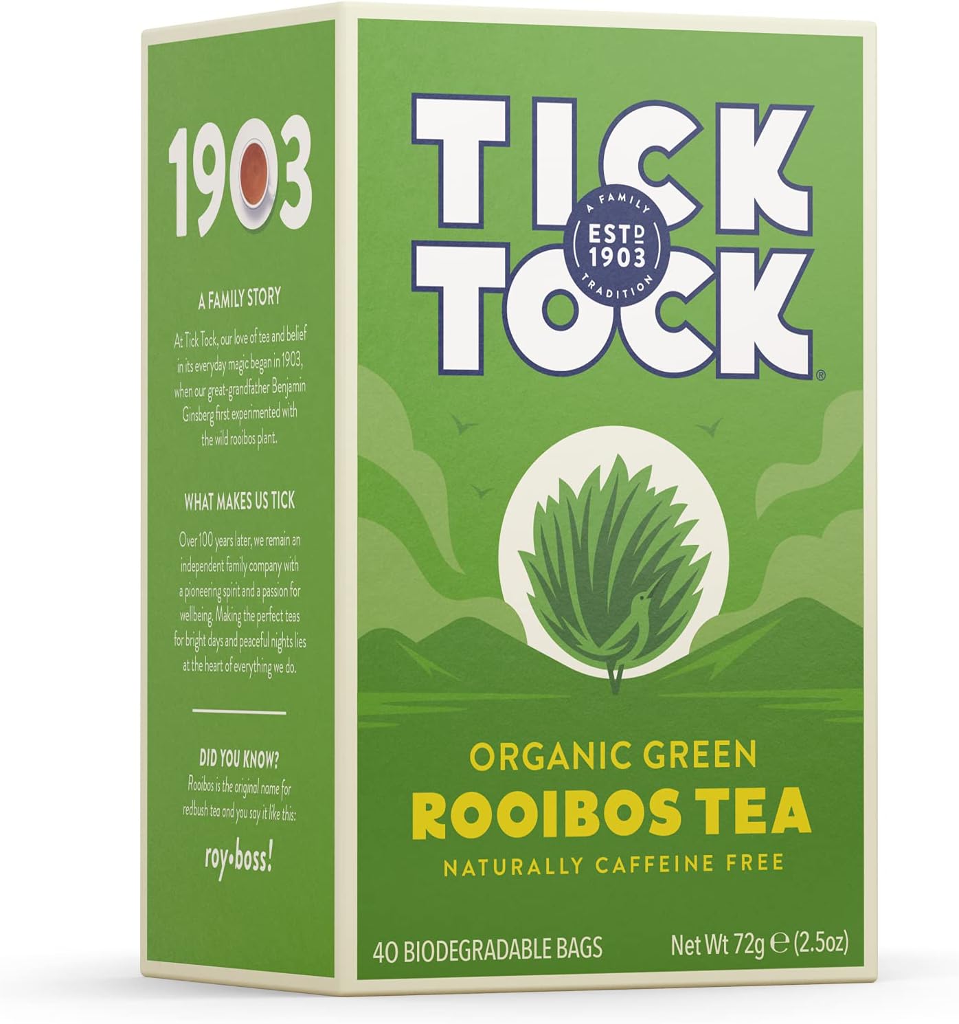 TICK TOCK TEAS Naturally Caffeine Free Red Bush Herbal Green Tea, 40 Count, Organic Rooibos Green Tea, 2.5 Oz