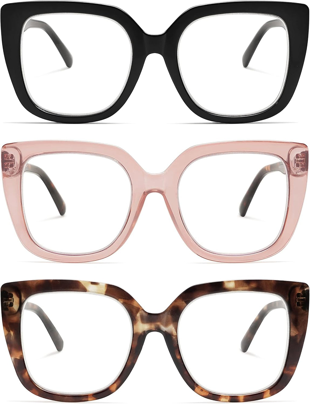 3-Pack Retro Oversized Square Reading Glasses for Women Large Stylish Blue Light Blocking Readers AM6072