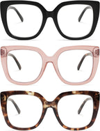 3-Pack Retro Oversized Square Reading Glasses for Women Large Stylish Blue Light Blocking Readers AM6072