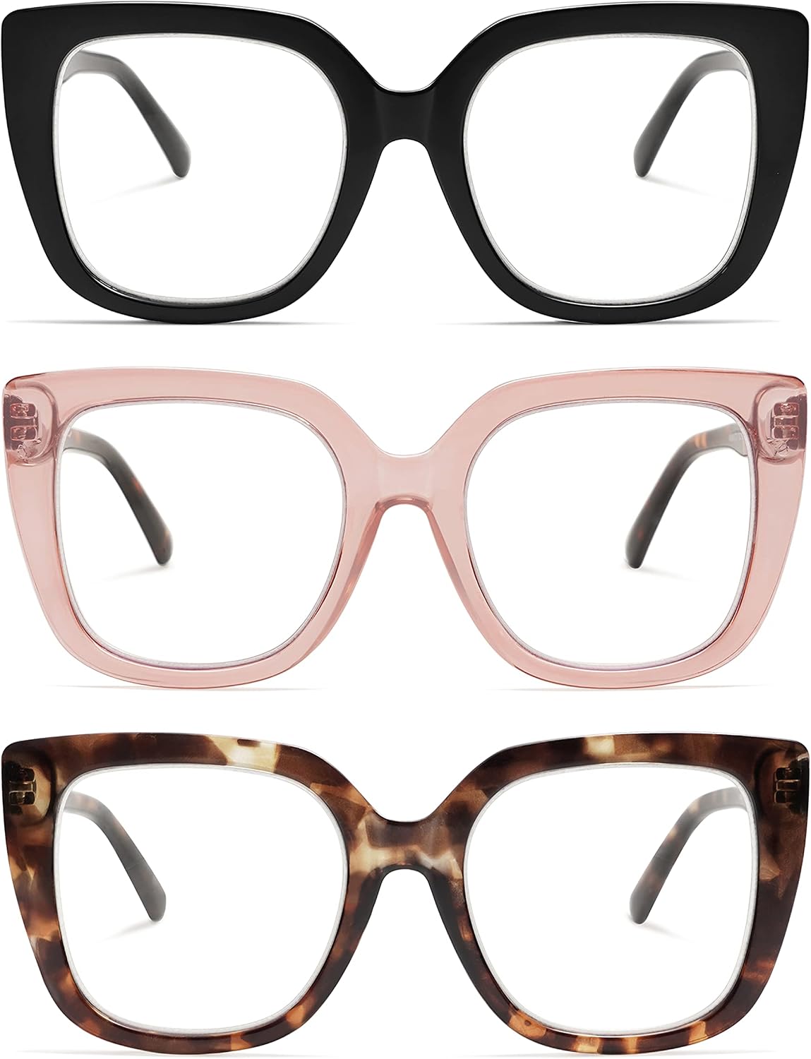 3-Pack Retro Oversized Square Reading Glasses for Women Large Stylish Blue Light Blocking Readers AM6072