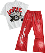 VIPWOLF Men's 2 Piece Outfits Short Sleeve Letter Graphic Tees and Drawstring Flared Sweatpants Tracksuits Set