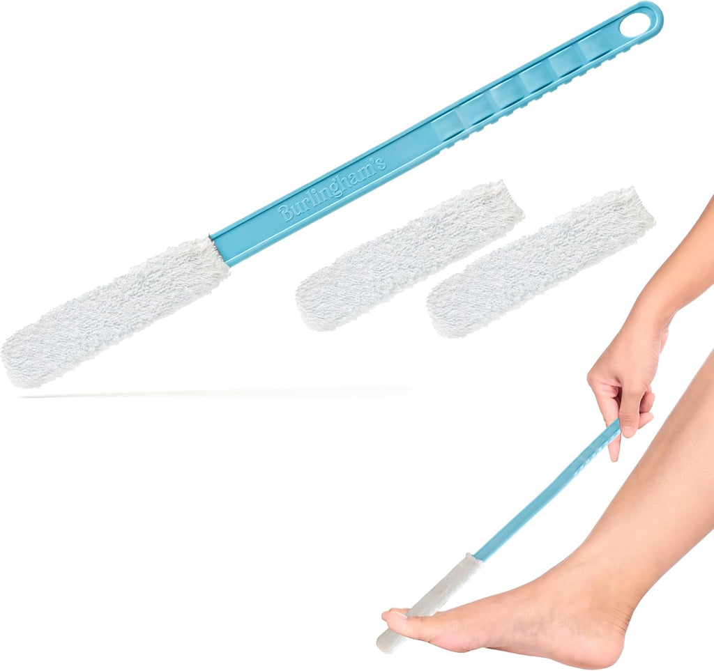 Burlingham's Toe and Foot Towel Brush with Reusable Drying Covers Long 17” Handle for Cleaning Between Toes, Soft Skin Exfoliation,for Seniors, Adults, Kids (Toe Towel Brush + 3 Covers)