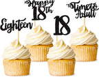 24 Pcs 18th Birthday Cupcake Toppers - Happy 18th Cupcake Picks - Time to Adult - Eighteen Years Old Cake Decorations - Black Glitter