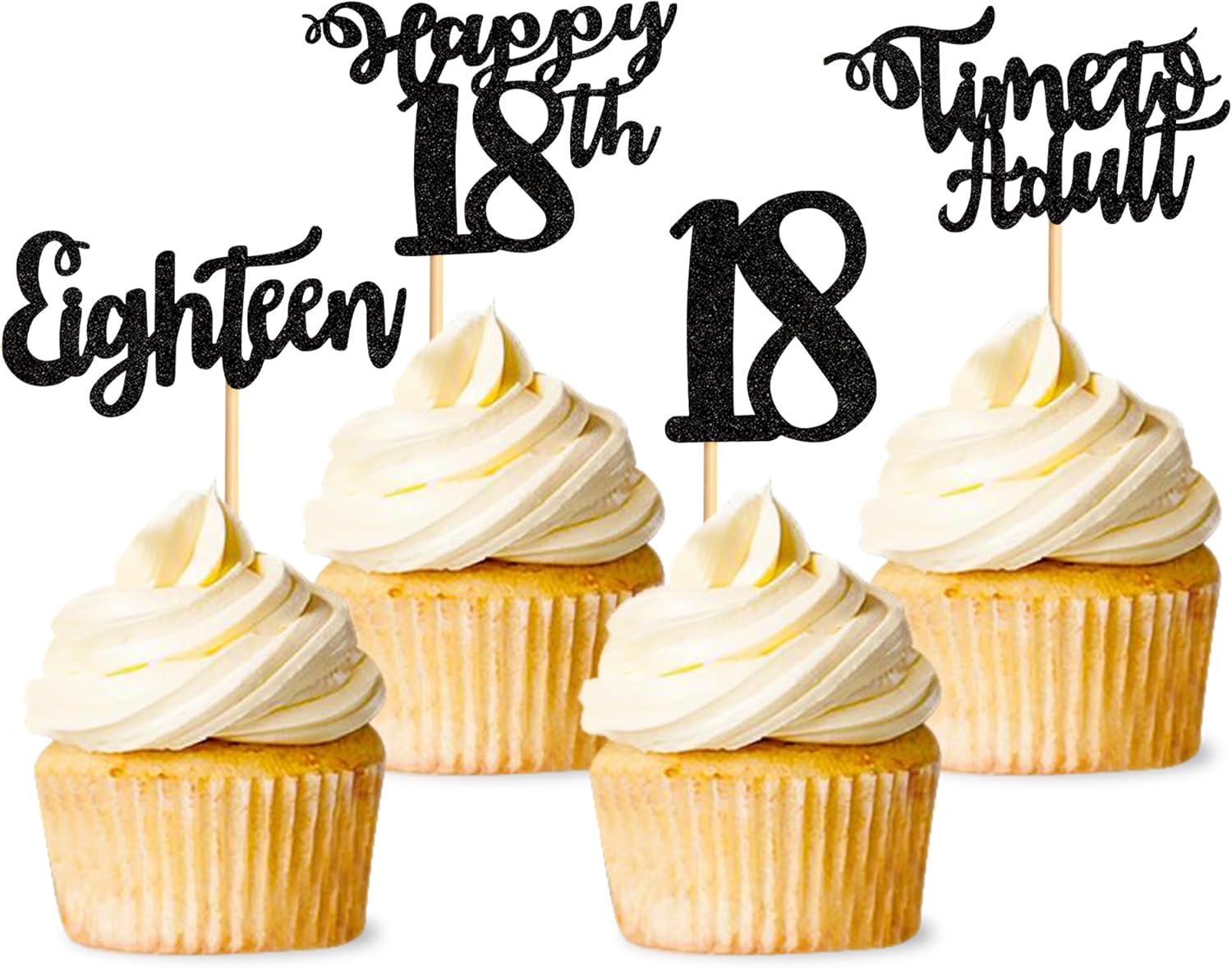24 Pcs 18th Birthday Cupcake Toppers - Happy 18th Cupcake Picks - Time to Adult - Eighteen Years Old Cake Decorations - Black Glitter