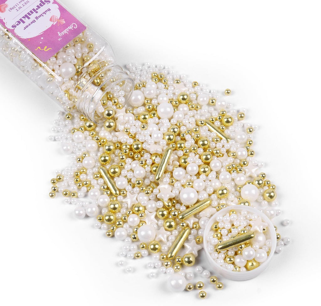 White Deluxe Gold Sprinkles for Cake Decorating 4.23ounce - Sugar Mix Contains Star & Pearl Sprinkles for Cupcake Toppers, Ice Cream, Candy, Cookie Decorations - Holiday Party Supplies