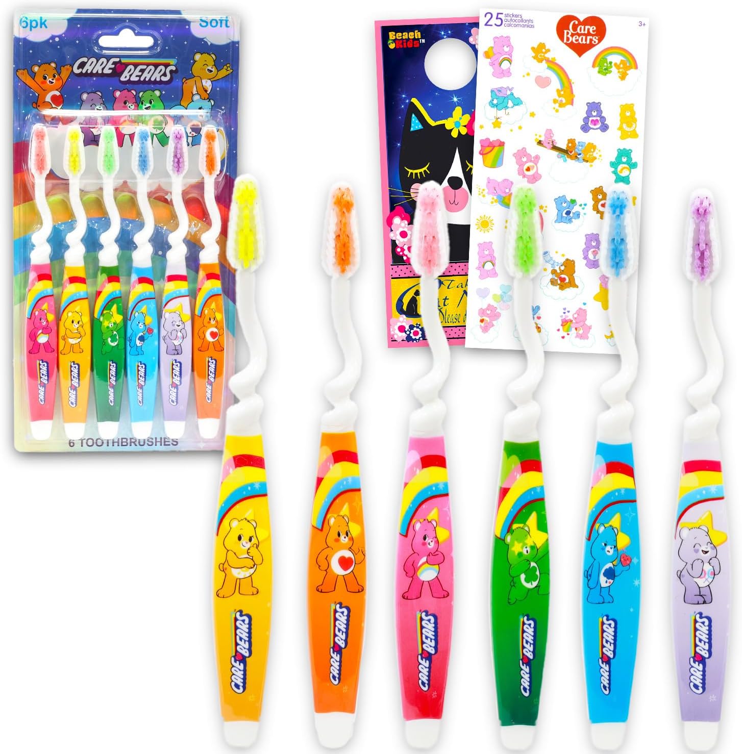 Care Bears Toothbrush Set - Bundle with 6 Toothbrushes Featuring Cheer Bear, Funshine Bear, More Plus Stickers | Care Bears Oral Hygiene Kit for Kids and Toddlers