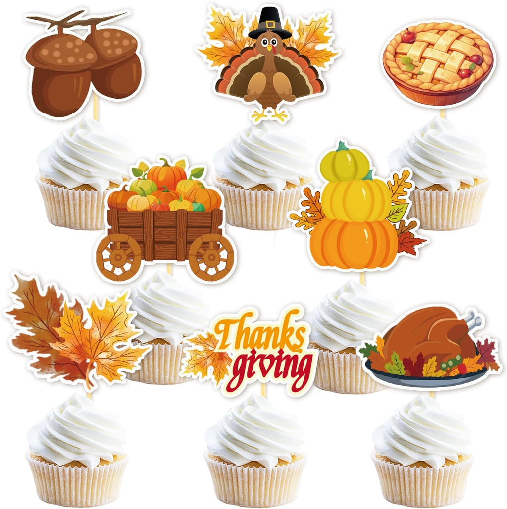 24 Pcs Thanksgiving Day Decoration Cupcake Toppers, Fall Theme Turkey Maple Leaf Pumpkin - Cake Picks for Thanksgiving Party Supplies (Mixed B)