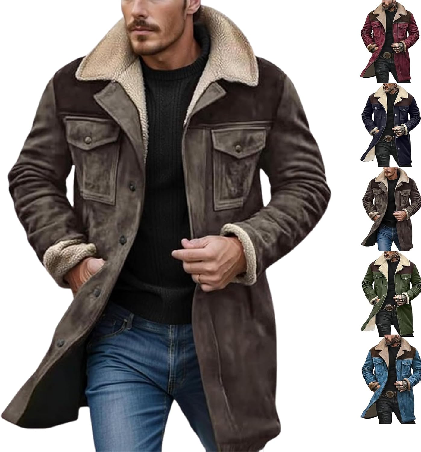 Western Jackets for Men,men's vintage suede long casual coat,Plush Collar Coats Faux Leather Zip Up Casual