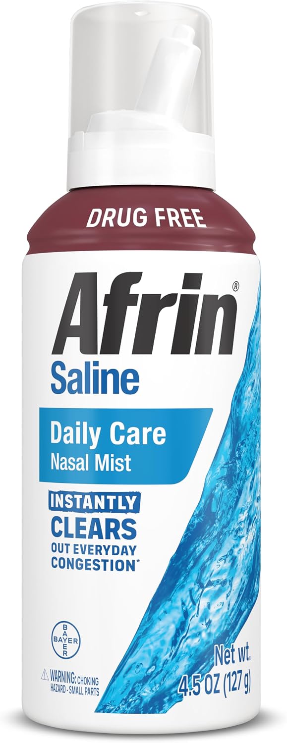 Afrin Saline Nasal Spray, 100% Drug Free, Saline Solution, Daily Care Nasal Spray for Everyday Congestion and Dry Nose, Easy Mist, 4.5 OZ
