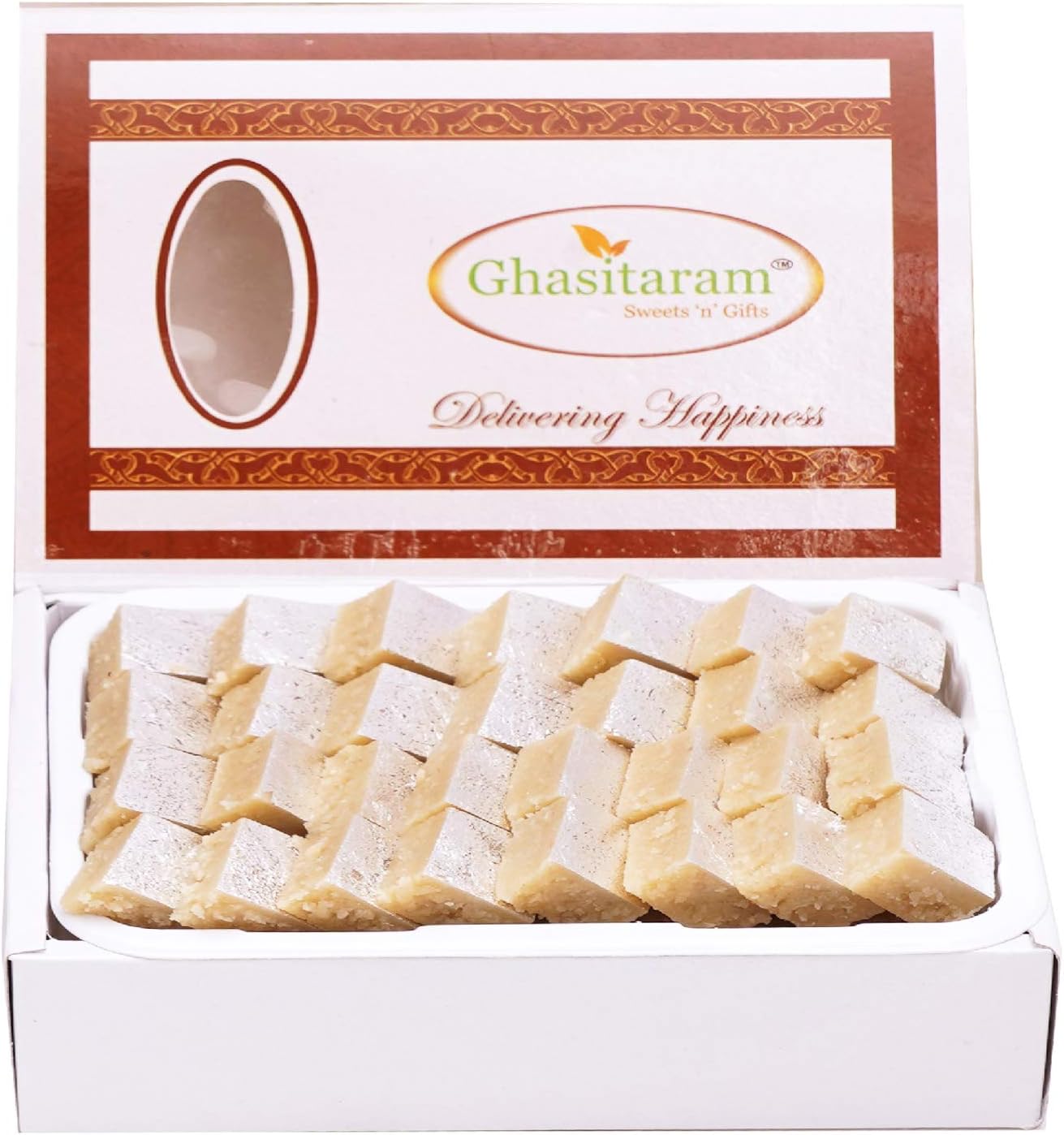 Ghasitaram Gifts Rakhi Gifts for Brothers Rakhi Sweets - Mini Kaju Katli 400 GMS with Beads Rakhi