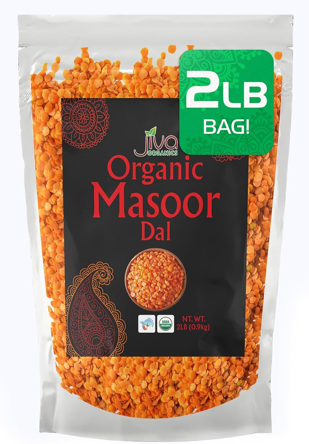 Jiva Organics Organic Masoor Dal 2 Pound Bag (Split Red Lentils) - Non-GMO, Pure & Natural