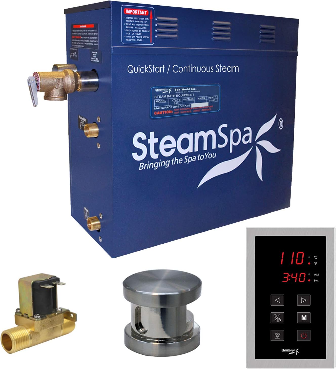 7.5kW Steam Sauna Generator Sentry Series 240V Steam Generator with Touch Screen, Steamhead, Built-in Steam Shower Auto Drain, ACU Quickstart Steam Bath Generator (Brushed Nickel)