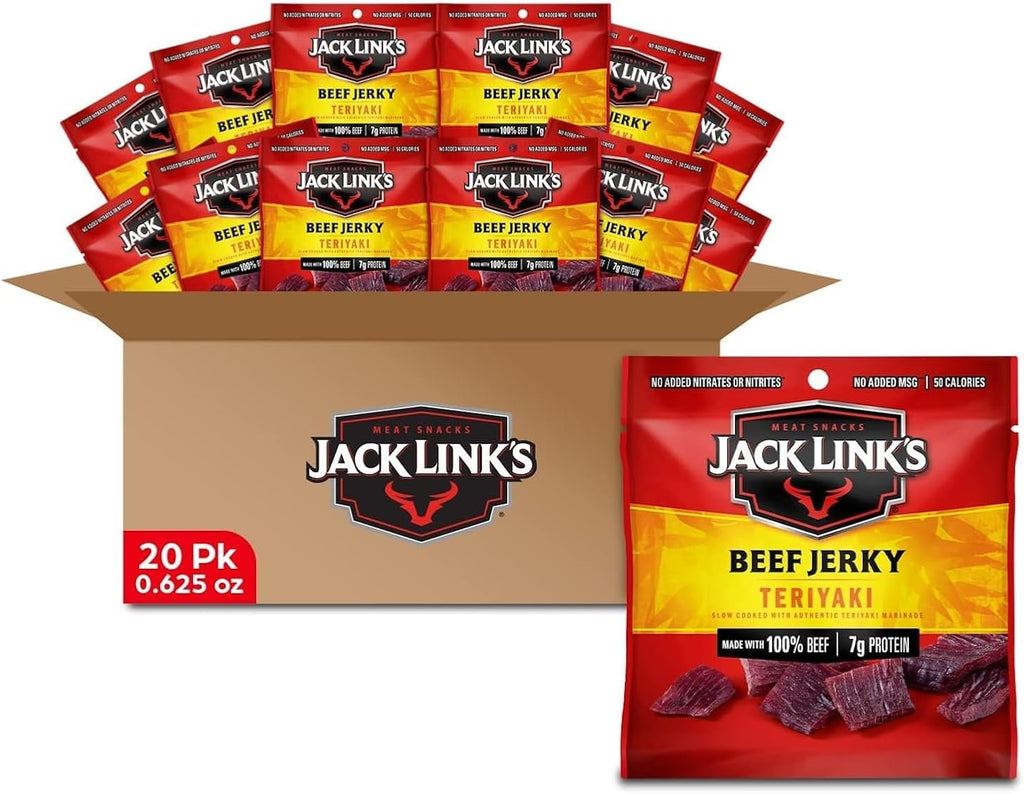 Jack Link's Beef Jerky, Teriyaki, Multipack Bags - Flavorful Meat Snacks for Lunches, Ready to Eat Protein Snacks, Individual Packs - 7g of Protein, Made with 100% Beef - 0.625 oz (Pack of 20)
