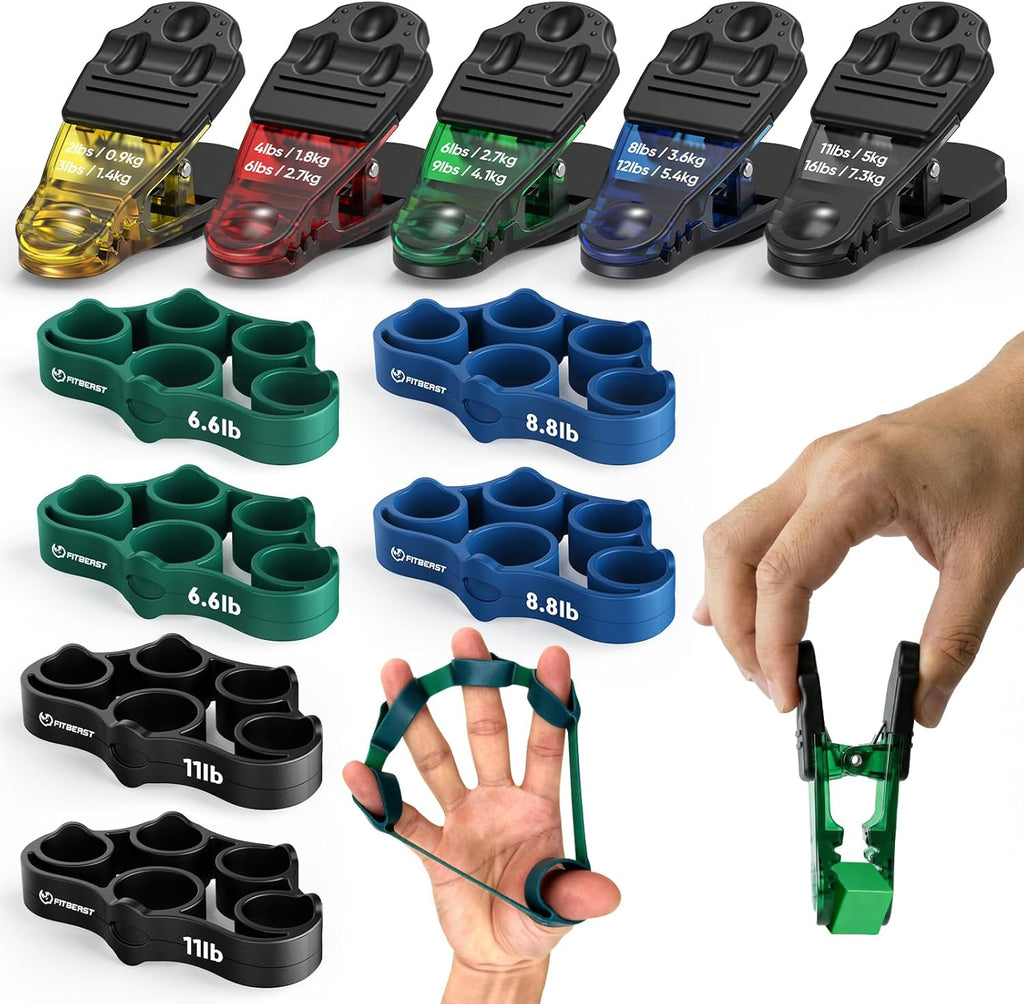 FitBeast Finger Exerciser Set, Pinch Clips & Finger Extension Bands for Hand Therapy, Grip Strength, Dexterity & Hand Rehab