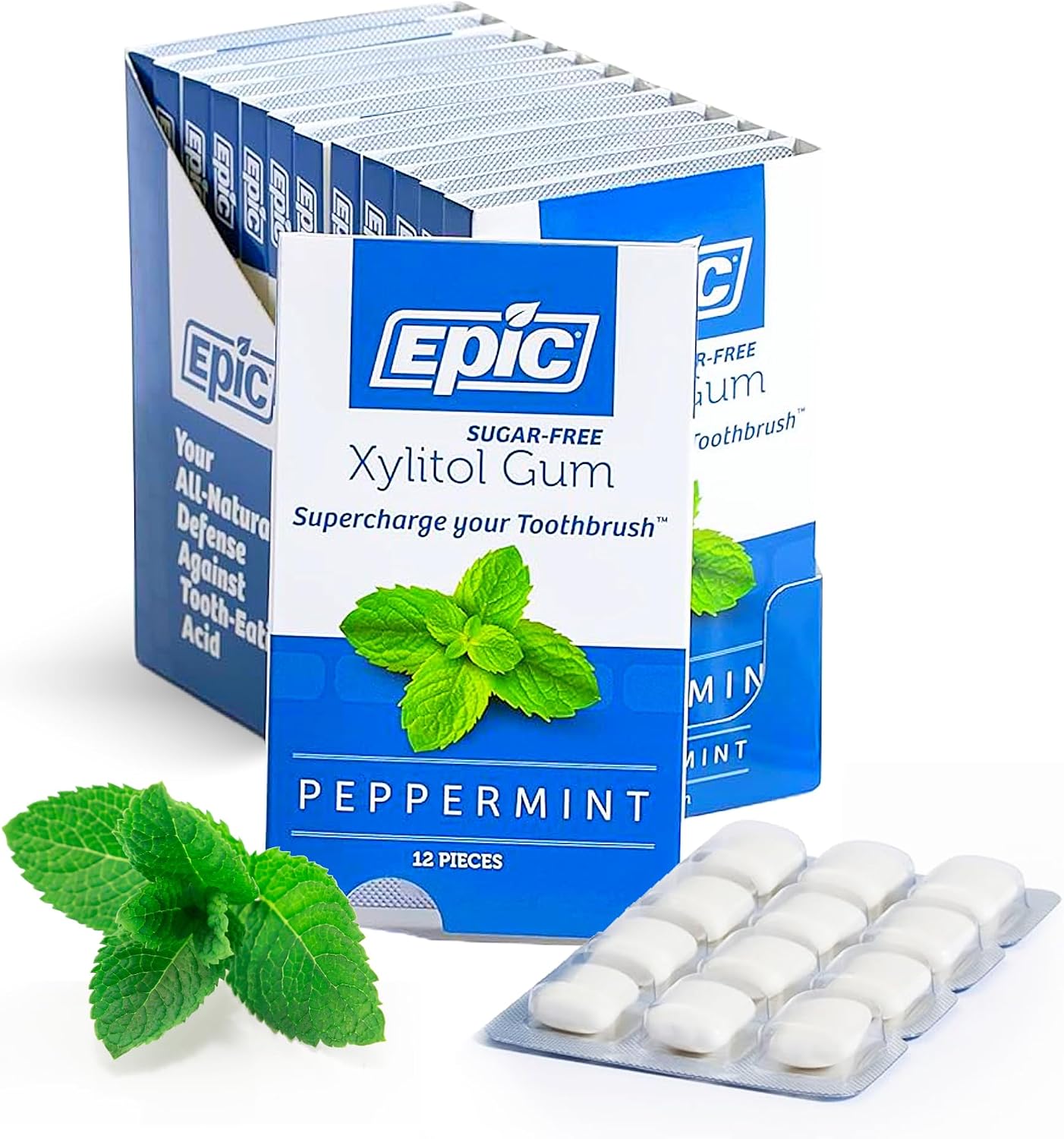 Epic 100% Xylitol Peppermint Chewing Gum - Sugar Free, Aspartame Free Dental Gum - Supports Oral Health & Fresh Breath - 12 Pieces (Pack of 12)