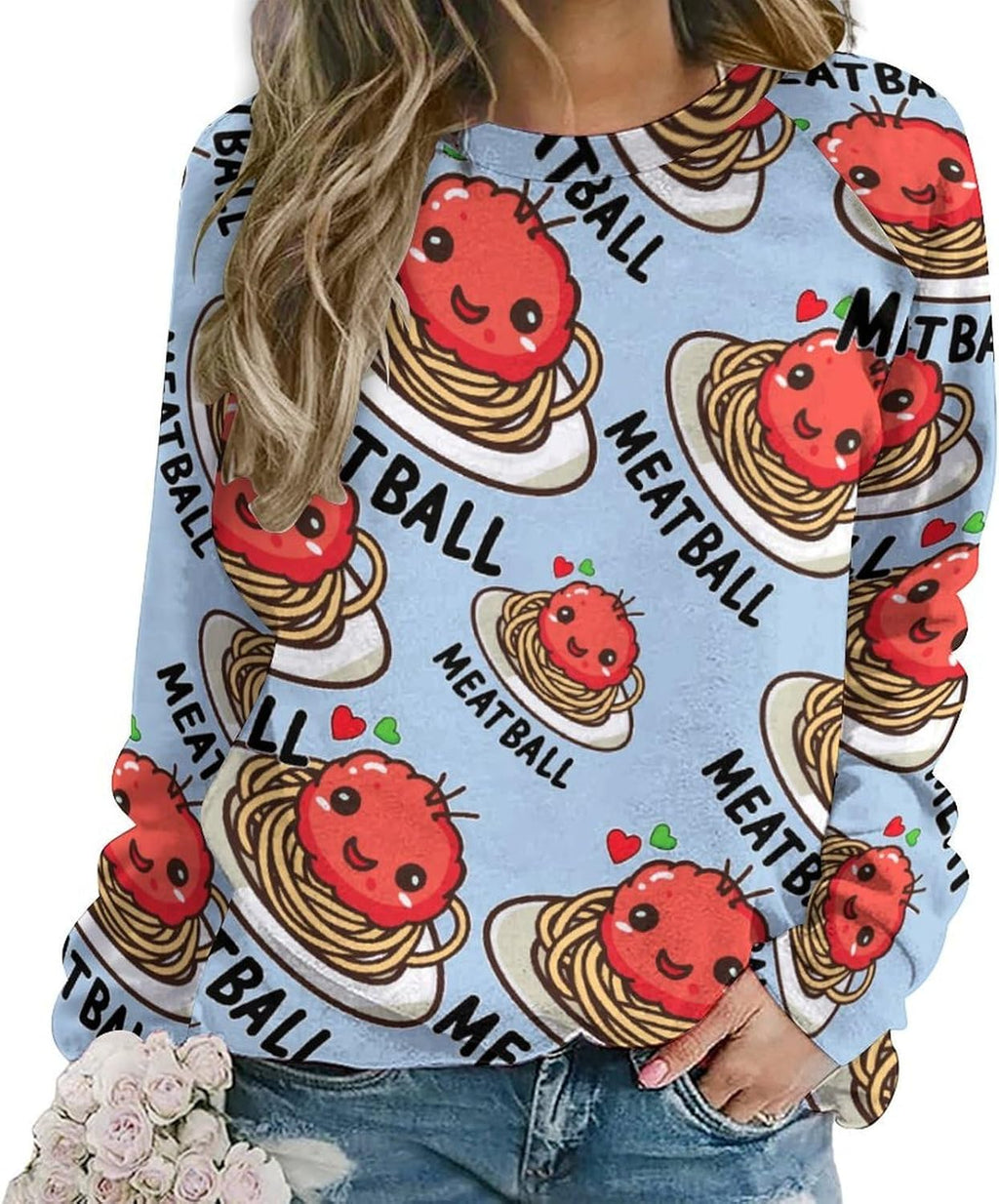 Meatball Cute Italian Spaghetti Women's Sweatshirt Crewneck Long Sleeve Shirts Pullover Tees Cute Tops